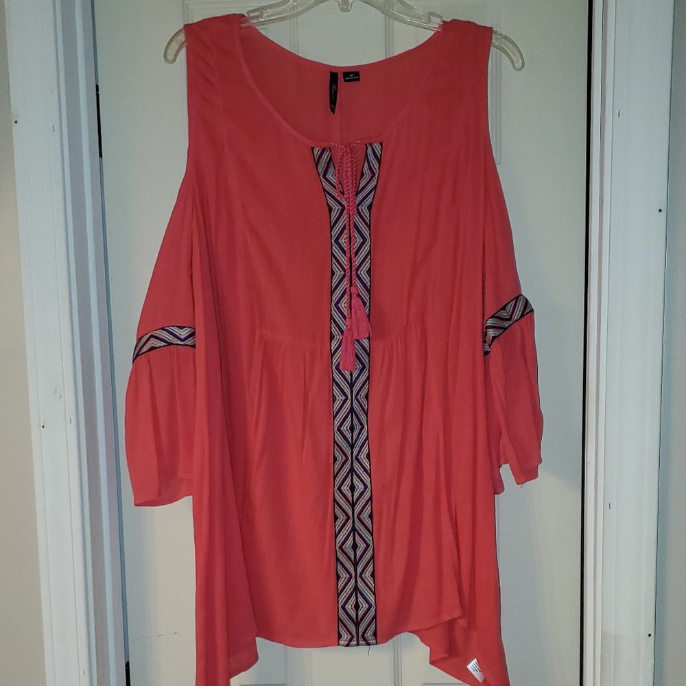 Coral Cold Shoulder Embroidered Blouse 0X